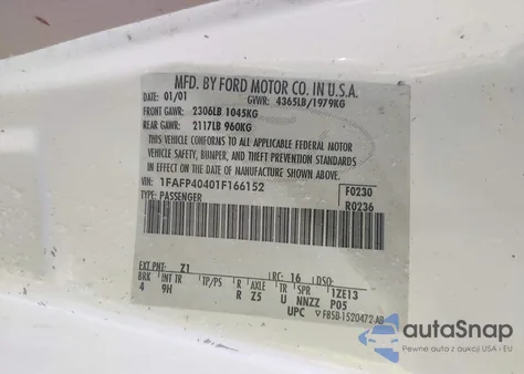 2001 Ford Mustang z USA, uszkodzony, nr VIN 1FAFP40401F166152